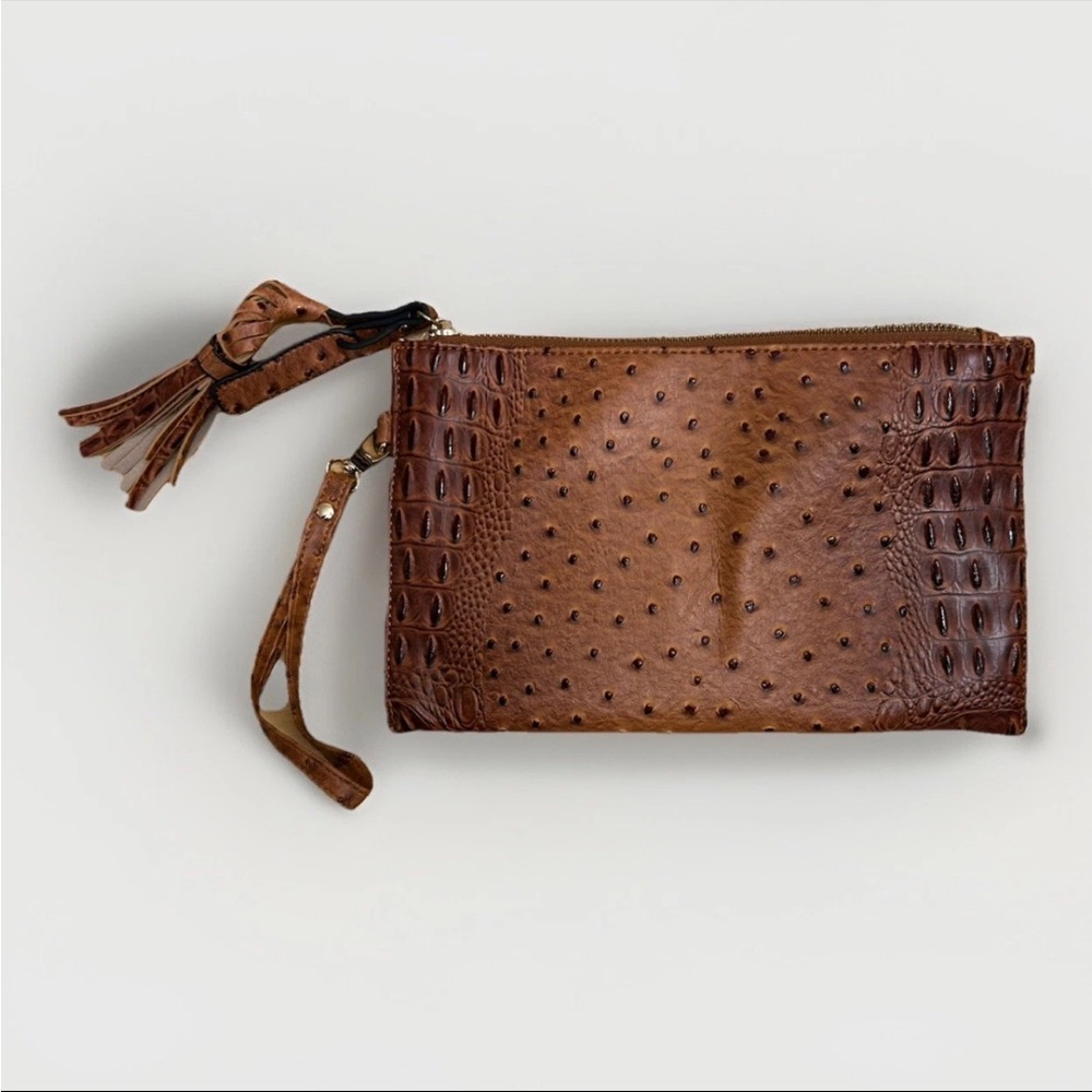 Versona Brown Faux Ostrich Croc Wristlet Clutch Tassel Zip Bag Bird Print Liner - Picture 2 of 5